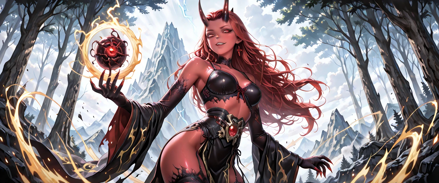 (((I want an elf woman alone, Fair skin, long red wavy hair, completely yellow eyes, medium curvy body, Wearing a suit, and being angry)))