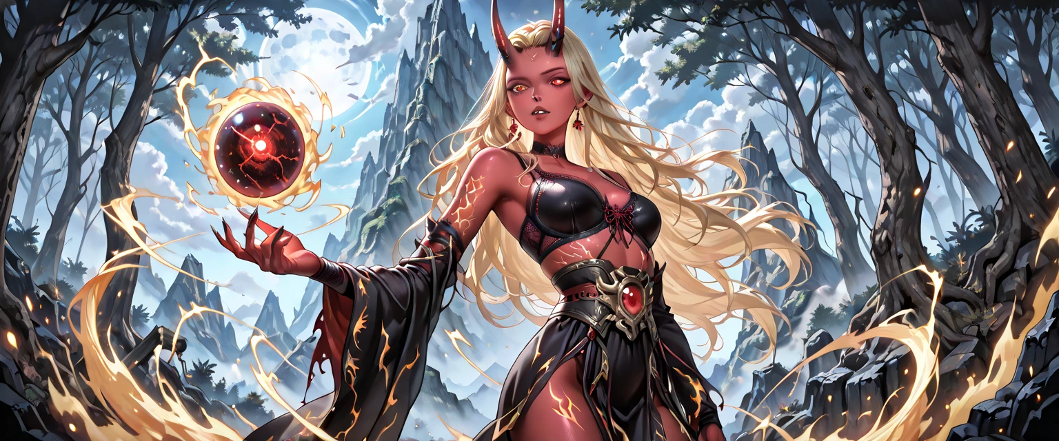 American classic comic book art: handsome ethereal young man delicate, long yellow blonde hair with waves, elf ears, red outfit dress demon, black gloves, sorcerer red tiara on forehead, beautiful thighs, blue eyes, very young face boy, red mini skirt, emanating fire, black nails, black stockings, ethereal male body, medieval, ethereal mystic boy, classic comic book