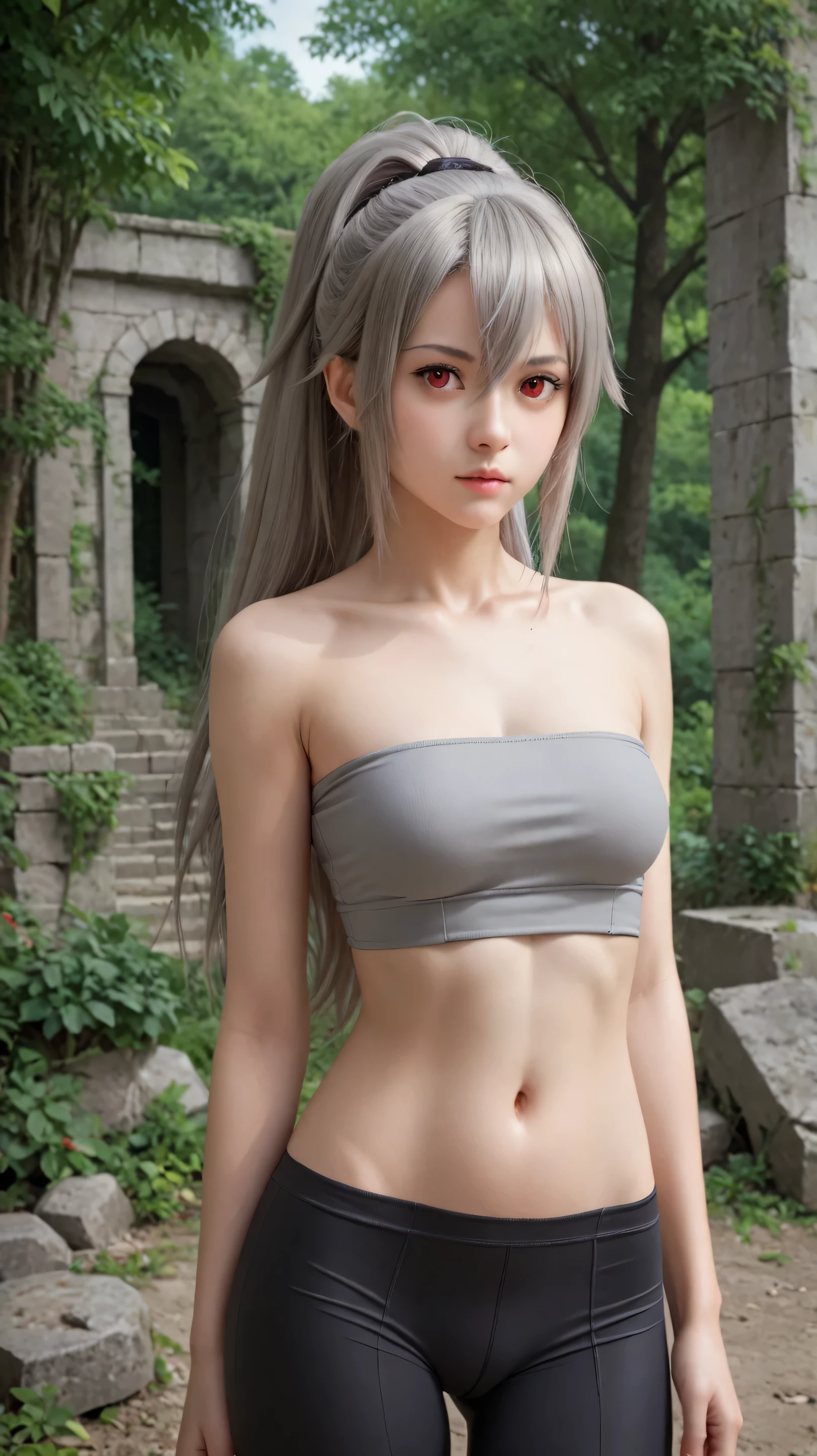 1 woman, adult woman, slim, thin, abs, white hair, very long hair, evil face, grin, fangs,long braided braid, a hairpin at the end of the braid, red eyes, purple eyeliner, animal ears, animal tail, fox tail, fox ears, (fox girl), large breasts, clevage, high-waist pants, black pants, blacsports bra, yoga pants, covered nipples, underboob, cameltoe, purple pubic tattoo, earrings, jewelry, looking at viewer, hands on the waist, walking, thing gap, thigs, outdoors, nature, summer forest, near the river, river, shore, (detailer), (realistic), (masterpiece), hdr, 4k