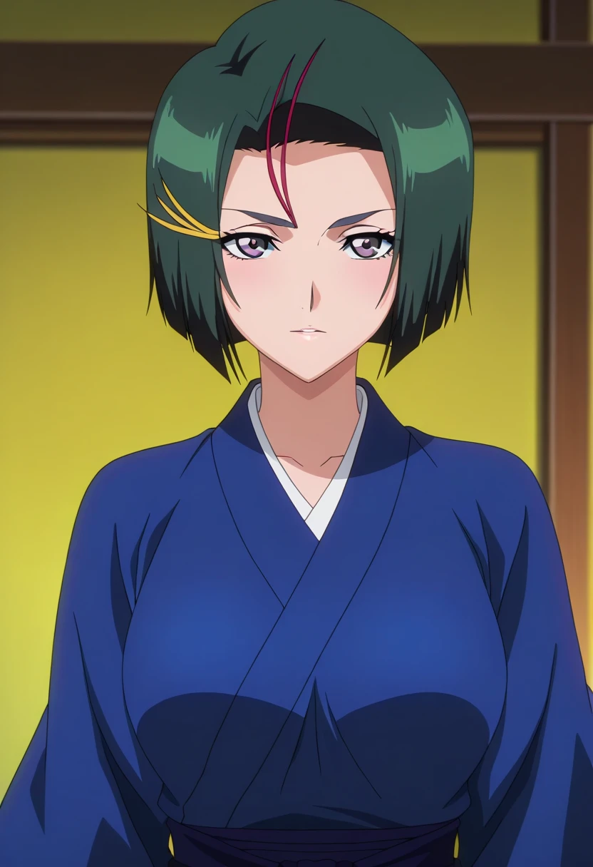 masterpiece, best quality, , anime screencap, anime coloring, official style, looking at viewer, 1women​, solo, female focus,  yumichika_ayasegawa,dark green hair, Black green  eyes, long short hair, hair ornament,​blue kimono, blue​ hakama​