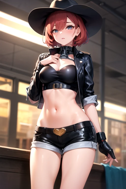  22 years old, (milf:0.8), (solo:1.5), (sfw:1.25), cute breast, beautiful breasts, medium tits, thin waist, big ass:1.0, Raised sexy, (beret, black jacket, open clothes, cleavage, midriff, black shorts, black thighhighs, thigh strap, fingerless gloves, single glove:1.2), blue eyes, light smile, big , Revimpling fabric, earrings, Hand gloves, detailed face,(smoking:1.3),long hair,side ponytail,hair between eyes,bangs,detailed and beautiful eyes,beautiful detailed lips,Rolling her eyes,manner,hair over one eye, (ultra high resolution, 8K RAW photo, photo realistics, thin outline:1.3, clear focus), best qualtiy, natural lighting, textile shading, blurry back ground, field depth, (Bright pupils, fine detailed beautiful eyes with highlight:1.3, high detailed face), Red lip, fine realistic skins:1.1, looking down viewers:1.3, (dynamic angle:1.3, front view:1.1, breast focus:1.3, from below:1.2), (dynamic posing:1.5, sexy posing:1.2),Youghal, side lock, hair ornaments, hair band,nice,garden background,artistic rendering,Super detailed,(highest quality,4k,8K,High resolution,masterpiece:1.2),Bright colors,studio lighting
