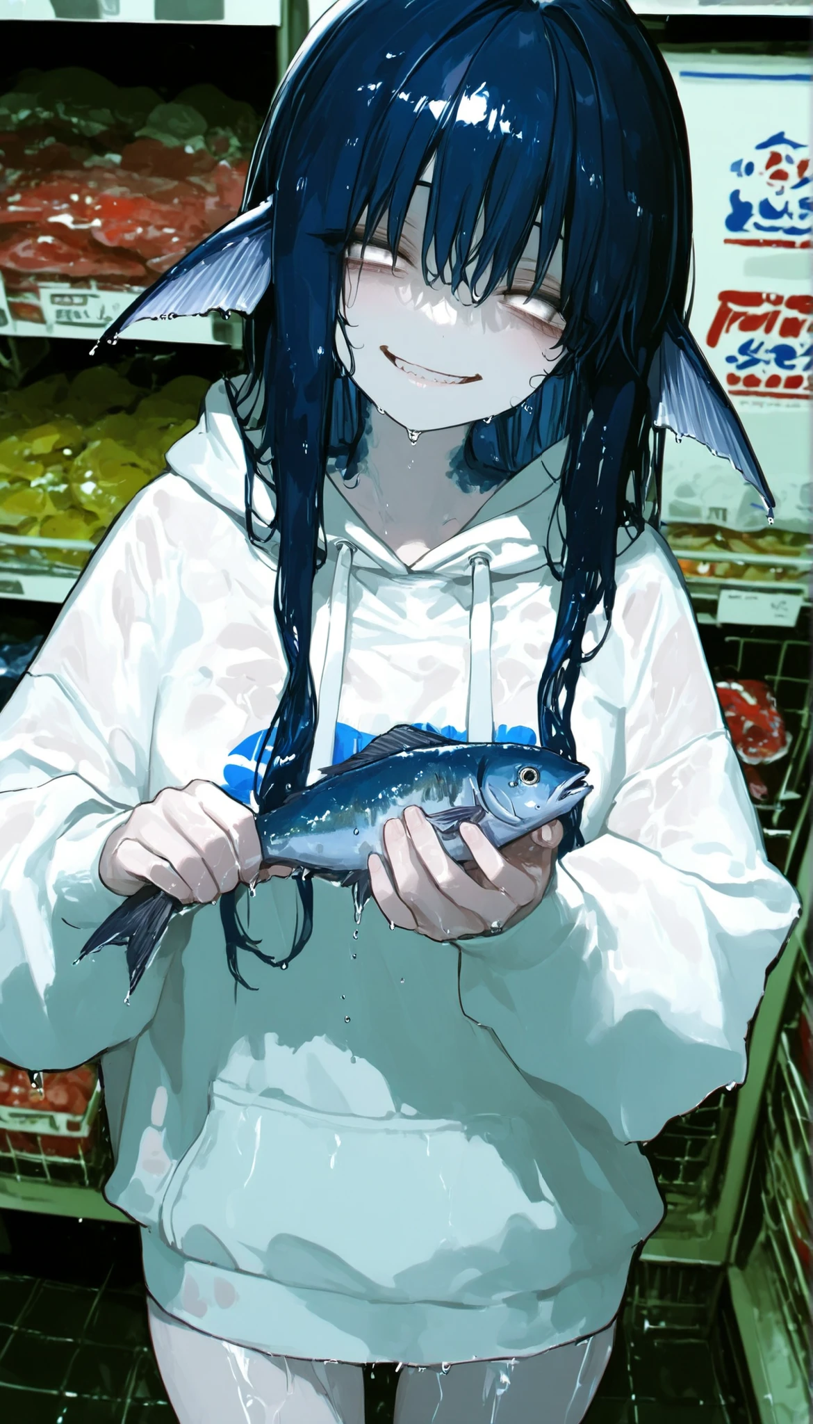 1girl, white graphic hoodie, fish fins, fish girl, holding fish in each hand, grinning, dark blue hair, white eyes, wet skin, store background
