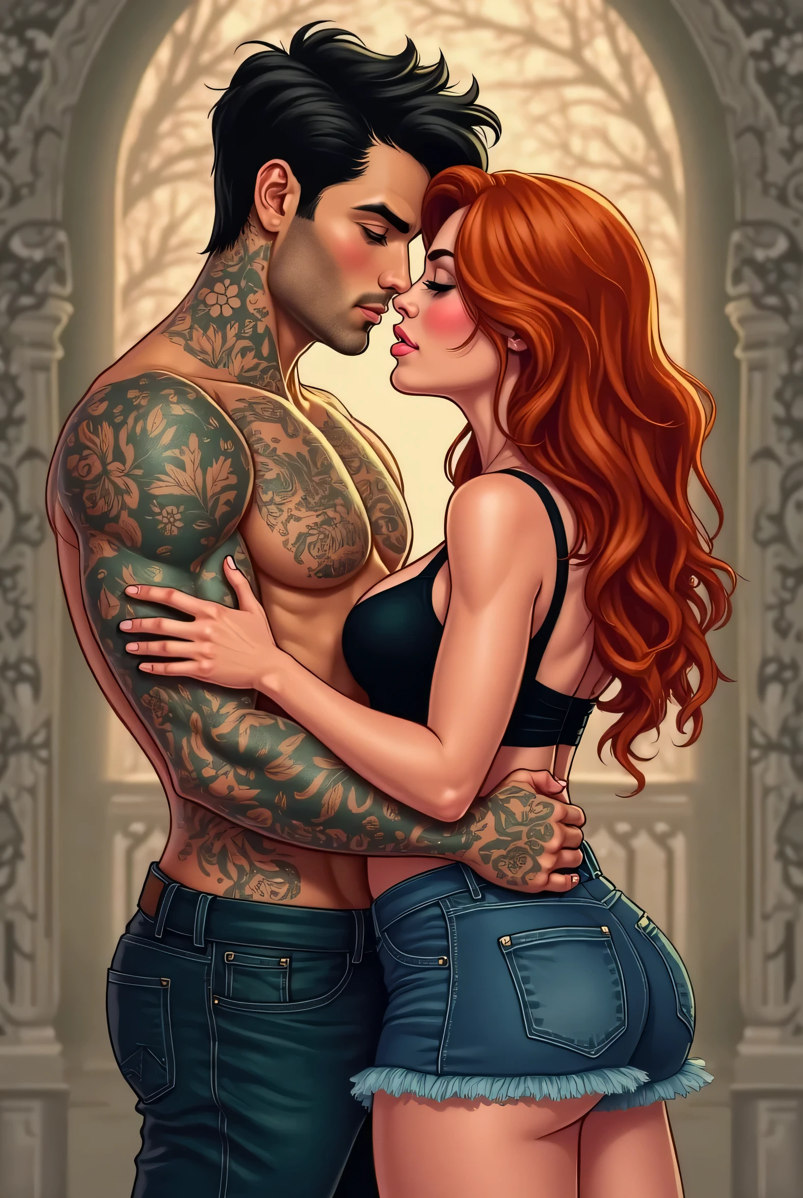 A male, with very strong and veined arms, hairy chest, with marked abdomen, a very penetrating look, eyes the color of honey, with beard, a tattoo on the left elbow of a spider web, redhead, with a marked penis, doing a pose, showing his strong arms. Kissing a young, skinny guy