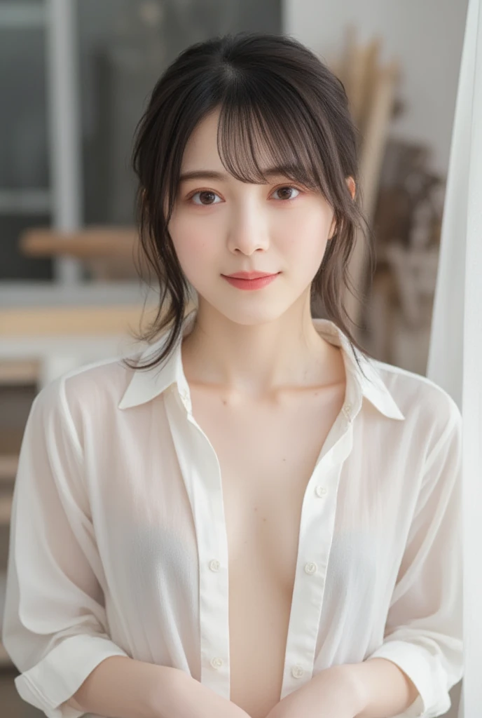 (best quality, 4K, 8k, highres, masterpiece:1.2), ultra-detailed, (realistic, photorealistic, photo-realistic:1.37), hyper detailed, extremely detailed, intricate details, sharp focus, physically-based rendering, professional, vivid colors, studio lighting、Japanese High School Girl、Small breasts、Natural Makeup、(Hair Color:Random)、middlehair、Inward curl、White shirt、Open shirt、Emphasize cleavage、side boob、under boob