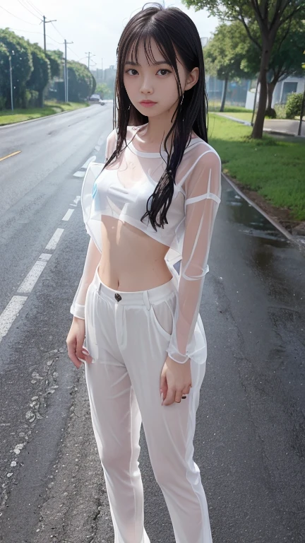 stunning 29-year-old Imogen Pritchard, redhead fair-skinned British woman, blue eyes, wavy bob cut dressed with white shirt and leather pants, wetshirt, unobtrusive
, Congested Highway During Rush Hour, (raining:1.1) <lora:wetshirt:0.75>