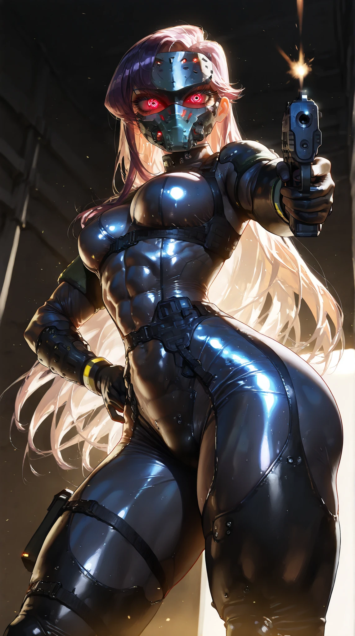 ExpressiveH, 1girl,Shouko Komi, abs , bodysuit , mask, view from below , standing , hand on hips , tactical gear , military, glowing eyes, night time, low ilumination, dim lighting, , dark basement, horror style , extreme detailed., small breast , Huge ass, , wide hips, narrow waist, thick thighs, big eyes, long eyelashes, shiny eyes. (obra maestra, altamente detallado, la mejor calidad, 8k), standing, . (masterpiece, best quality, vibrant, very aesthetic, high contrast, semrealistic, semirealistic , highly detailed , newest,), holding pistol, combat pose, pointing the gun forward, firing,
