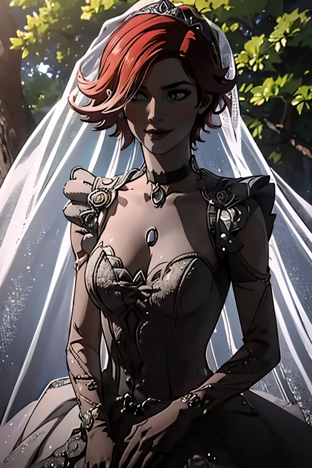 Lilith Borderlands, hair between eyes, ahoge, red hair, star \(symbol\), hair ornament, ruffled tulle dress, cleavage, bare shoulders, collarbone, long black elbow gloves, black gloves, black dress, black choker, strapless, tiara, veil, strapless dress, princess dress, veil, beautiful woman, perfect body, perfect breasts, wearing a princess dress, ball gown, in the park trees, wedding decorations, a warm smile, realism, masterpiece, textured skin, super detail, high detail, high quality, best quality, 1080p, 16k