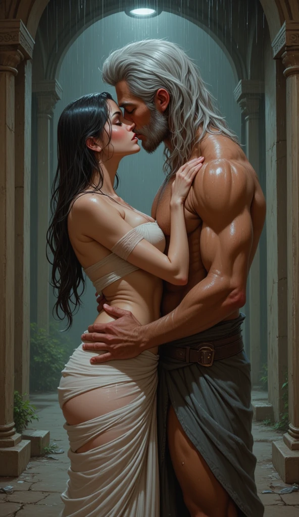 One female elf and one handsome man embracing in water, bodies pressed together, ((kissing, open mouth)), pornographic, (he has an erection), (they are having sex from behind:1.3), (standing position, he is holding her hips), (penetration), lively, in water up to their chests, masterpiece, best quality, highres, hmsl1, hair flower, x hair ornament, naked, flower, standing, soaked, drenched, splashing, dripping wet, caressing, cupping breasts