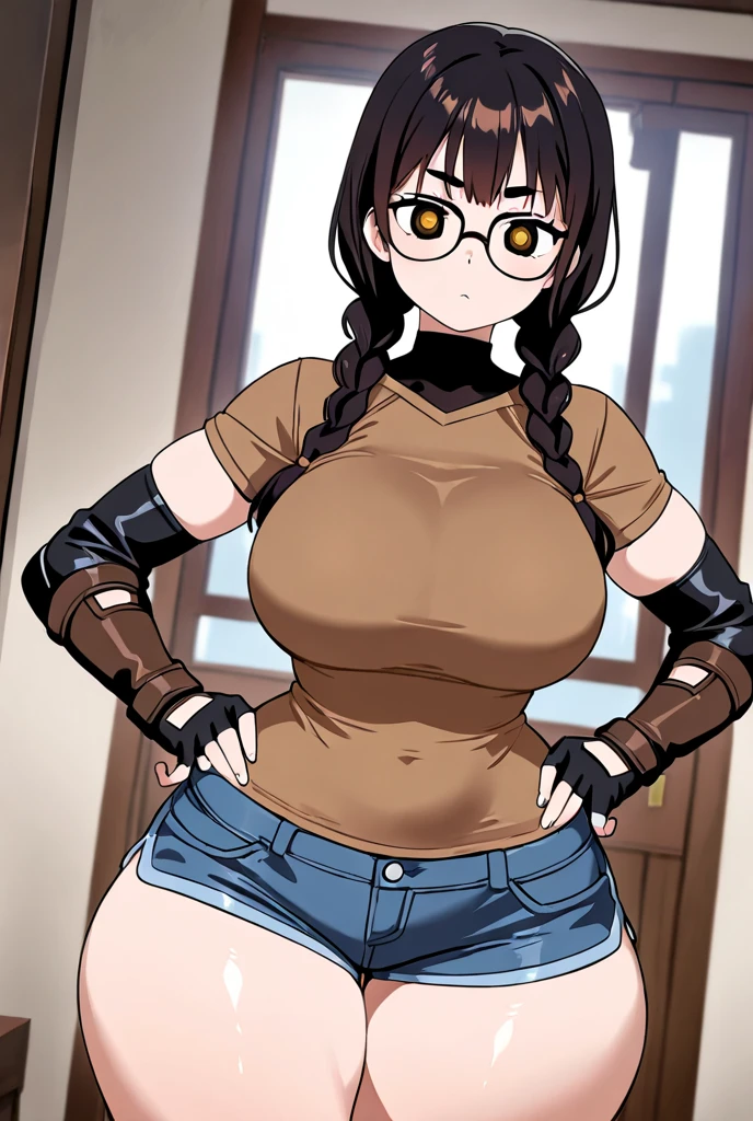 Solo 17 teen girl , (wrestling ring background)) , very femenine body , almost full body shot, kiruko from tengeku daimakyo , hot pose standing , littel bit busty , looking at the viewer  , ((beautiful eyes)),  slutty expressions, gray brown messy hair short, hairbangs , thick eyebrows, femenine , scar above her nose, wears a black top tight on her big breasts , on top of it is a pumping white opened puffy jacket with black collars and hands, wears a high waisted gray jeans tight on her thicc thighs , pussy camel toe prominent,  inclined brown thick belt. Curvy thighs