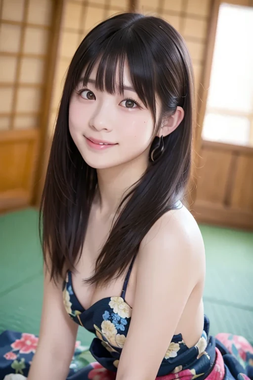 (masterpiece, Highest quality), ((One girl, (Cute high school girl) Long Hair), (Star-shaped pupils, +_+, Symbol-shaped pupil, Sparkling eyes), (Open your mouth)), (View your viewers, A light smile),bikini、Full Body Focus、Crouch down、Leg spread
