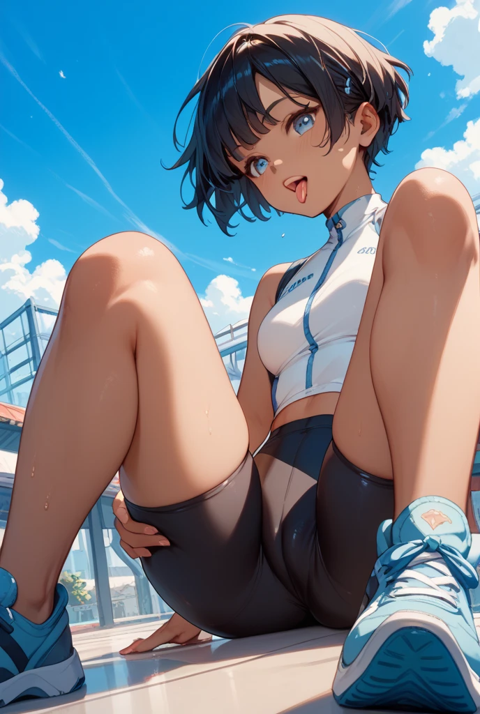 realistically, 1 girl, ponytail, brown eyes, glowing eyes, white short skirt, Blush, daytime, Wet from the rain, see through, Sit with your knees raised., sleeveless shirt, nipples, armpit, pussy, 16 years old, crotch, Spread your legs