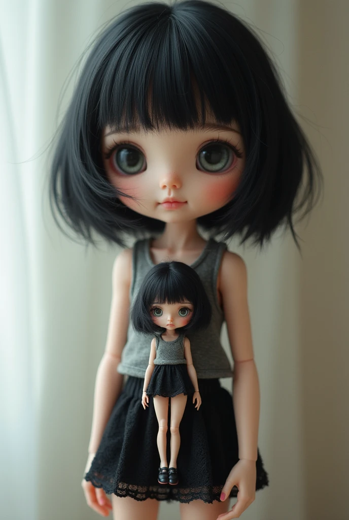 blythe dolls Black hair short hair straight hair with bangs black eyes black hair round face with black t-shirt
