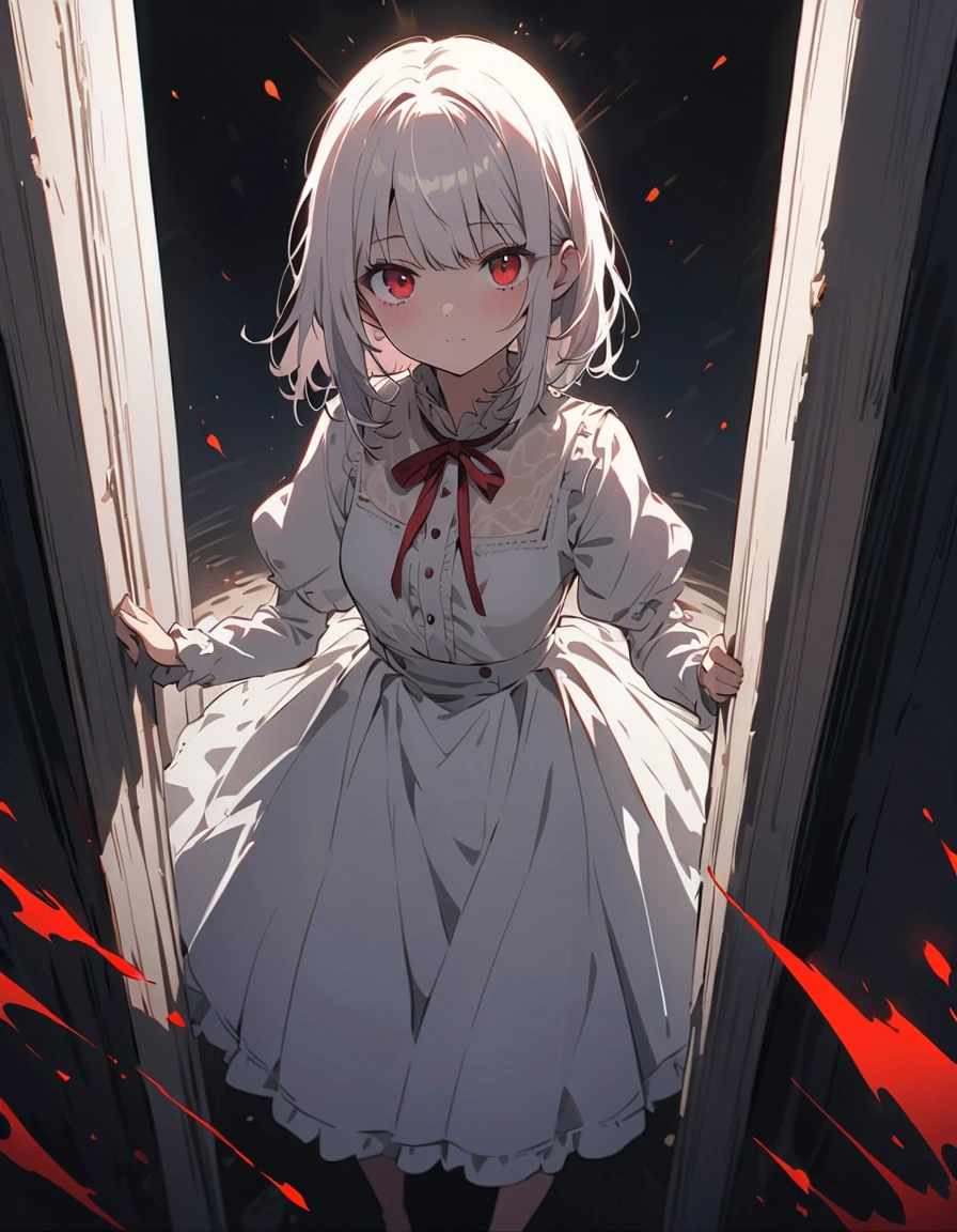 Dirty and torn white dress,white color hair,red led eyes,teens girl,There are traces of recovery from the cut