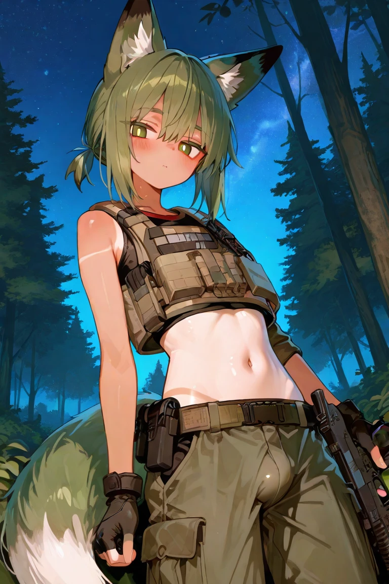 girl, 17 years old, ligh green hair, short haircut, purple eyes, short  overhalls, tattoed arm,, half naked, sexy outfit, sensual, in dark forest, holding chainsaw, Looking at Viewer, sinister sensual smiling, no underwear