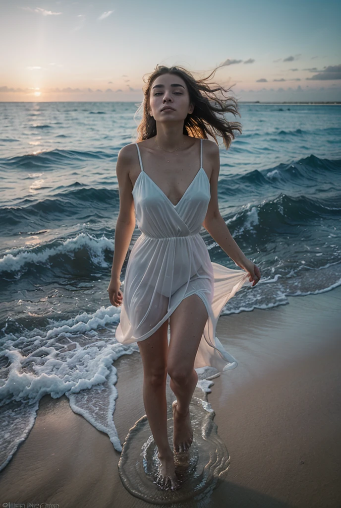 thesea, wave, 1girl is walking on the beach, ear ring, necklace, looking at viewer, transparent summer dress, realistic, sunset, cloudy sky,