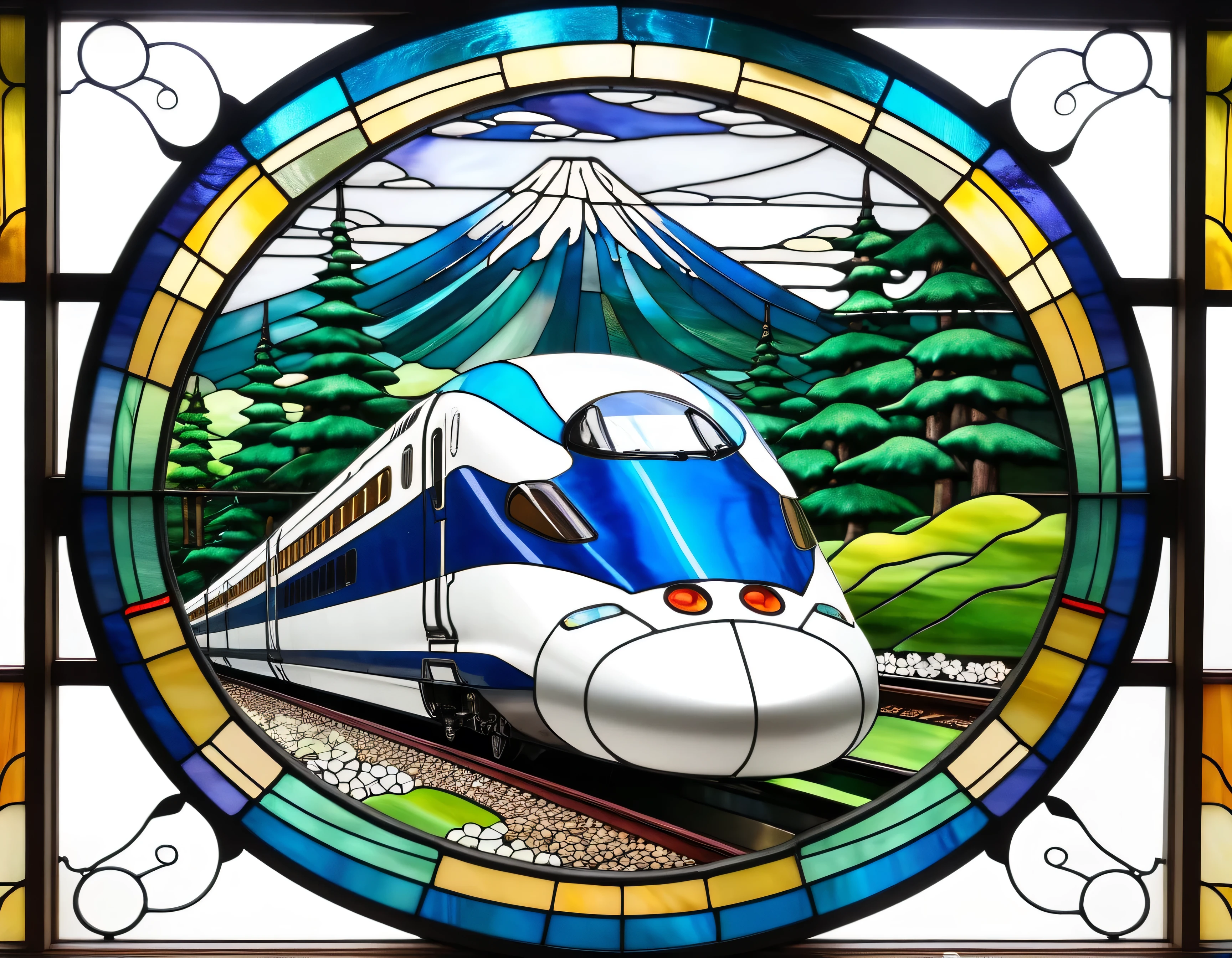 a close up of a stained glass window with a Japan Shinkansen on it, stained glass style, stained glass art, stained glass!!, stained glass, Japan Shinkansen themed, stained glass, psychedelic Japan Shinkansen パスカル・ブランシェに触発された, green stained glass, stained glass tarot style, inspired by Georges Lacombe, Japan Shinkansen, glowing stained glass backdrop, Japan Shinkansen perspective, stained glass window