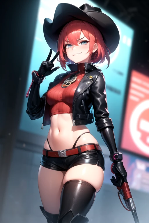 1girl, lilla evil, Red hair, red eyes, short hair, black capelet, skirt, white pantyhose, red demon wings, red-tinted eyewear, mini hat, computer monitors room, phantom thief hideout, half breast exposed, areola