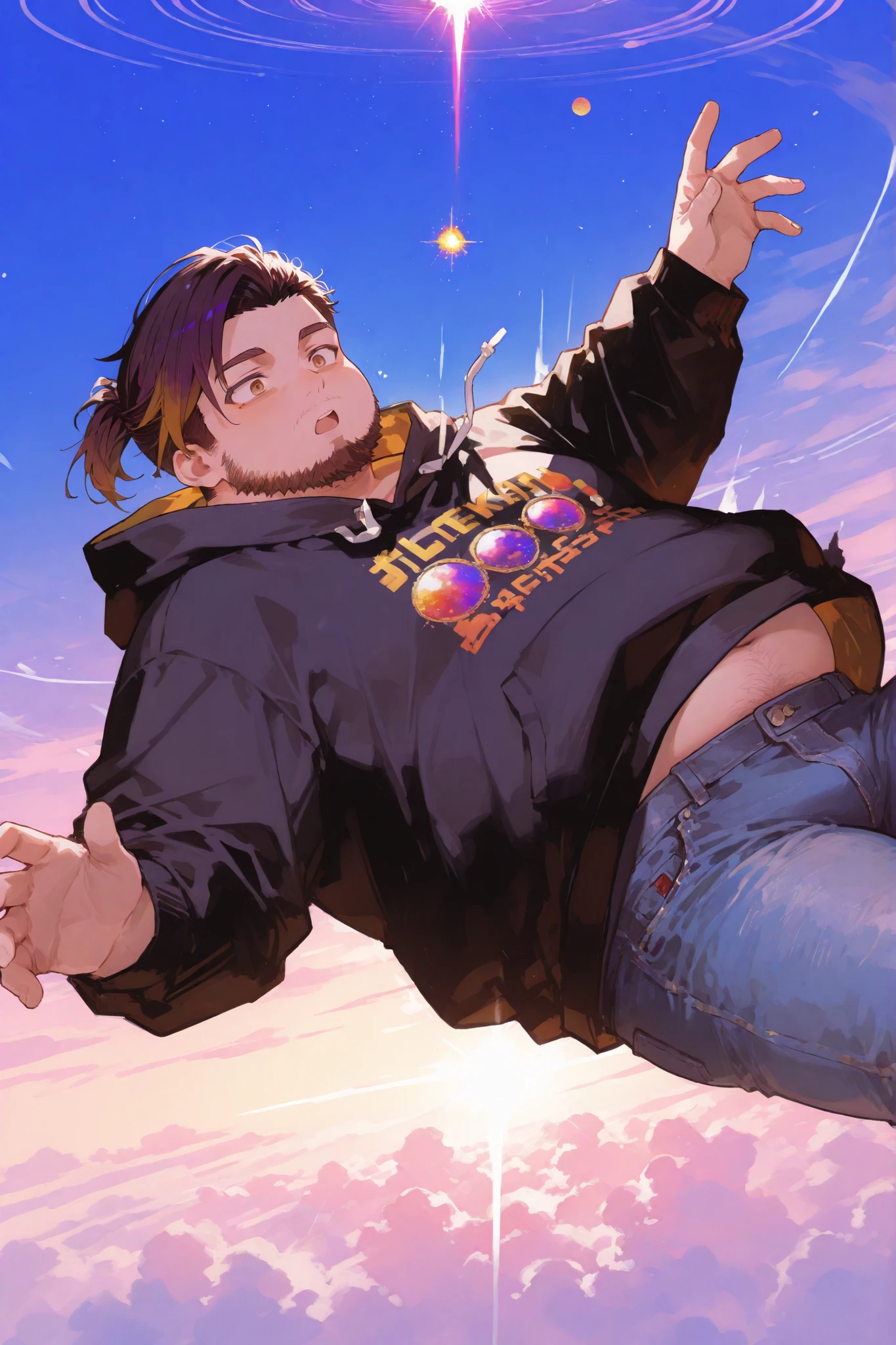 Sttuble, fat, chubby, male, sky, ponytail, shaved sides, brown eyes, dark hair, hairy, beard, black hoodie, falling, falling through sky, isekai, bright colors, falling to the earth, fantasy, anime, no game no life, shocked!, jeans, vibrant colors, saturated colors, gamer, videogames, masterpiece, peak anime, 8k, planetfall