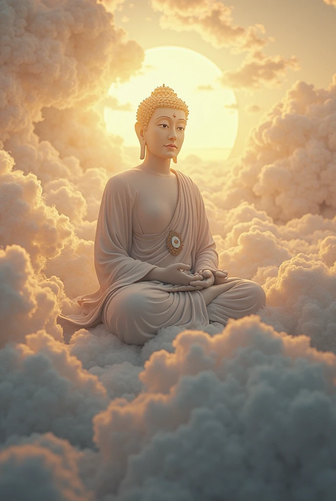 In a breathtaking comic poster style, a masterpiece illustration depicts a colossal statue of Buddha formed entirely from soft, golden-yellow clouds, floating serenely in the vibrant sky at sunset. The statue, intricately shaped with delicate wisps and billowing formations, captures the tranquil and enlightened expression of Buddha, with closed eyes and a peaceful smile. The clouds are meticulously detailed, their edges tinged with warm hues of orange, pink, and purple from the setting sun, creating a luminous, ethereal effect that contrasts beautifully against the deepening blue of the sky.

Below the towering cloud Buddha, the horizon glows with the last light of day, where the sun dips just below the line, casting long rays that fan out and illuminate the statue from behind. The sky is an explosion of colors, with rich, warm tones blending into the cooler shades of twilight, adding depth and contrast to the scene.

In the foreground, small, stylized birds soar gracefully around the cloud statue, their silhouettes adding a sense of scale and movement to the composition. The scene is framed with subtle, comic book-style line work, giving it a dynamic and modern feel, while the vibrant colors and dramatic lighting evoke a sense of awe and serenity. The entire image exudes a sense of divinity and peace, with the Buddha statue appearing as a celestial guardian watching over the world from the heavens, masterfully rendered in the style of a comic poster, with bold outlines and vivid, contrasting colors that make the scene both striking and unforgettable