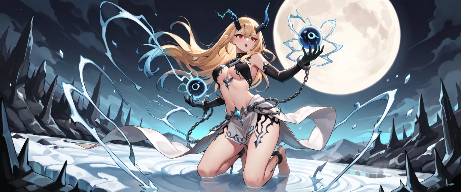 1girl, detailed, masterpiece,HDR, detailed sharp, best quality, 
solo, 
comic style, lineart, 
looking at viewer, 
Midna_Dg, red eyes, colored sclera, yellow sclera, makeup, 
blue skin,colored skin, orange hair,front ponytail,  
hair ornament, hood, cloak, cape, forehead jewel, black bikini, bridal gauntlets, toeless legwear, 
dyanamic pose, magic, 
barefoot,
large breasts,
 <lora:Midna_DG-v01-000003:0.80>