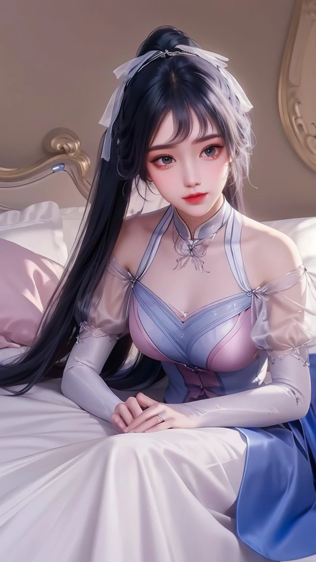 UHD, textured skin, high details, high quality, super detail, best quality, HD, 8k, Highres Ultra HD, Textured skin, High details, High quality, Super detail, Best quality, HD, 8K, High"((Realistis))),(((woman)))),straight from real life,has cleavage(Hair_Red)red hair,dressed in(pyjamas_Pink)Purple nightdress sleeping on bed,Expose the navel and armpits。