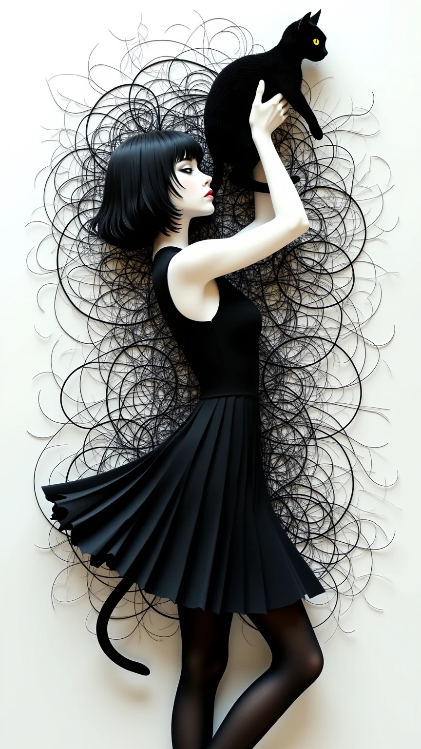(Complex paper cutting, masterpiece, best quality, ultra-detailed, mysterious mood, poetic eroticism), 1girl, black bob hair cut, black dress, no-sleeve, Black tights, Black cat with yellow eyes, Holding up a cat, White background, Jackson Pollock