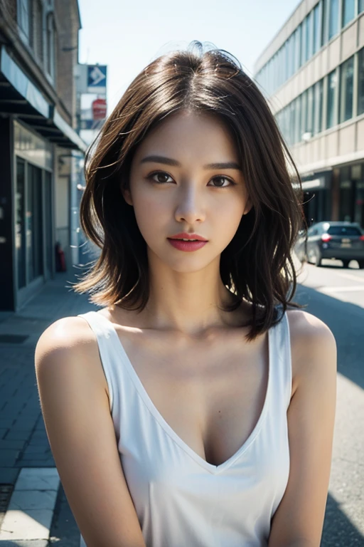 ((Best quality, 8K, Masterpiece :1.3)), Sharp focus :1.2, perfect figure beautiful woman:1.4, Slim abs:1.2, ((dark brown  hair, huge tit:1.2)), White collared shirt，Not exposed，(Natural light, the city street:1.1), Highly detailed facial and skin texture，A detailed eye，二重まぶた