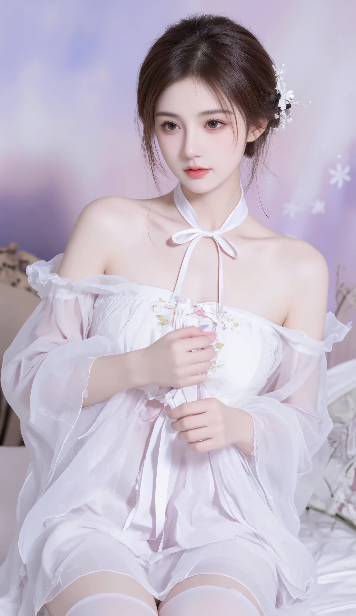 robe, 1 girl, [[ eyes, 白flower, ribbon, Chest, 白色 Chinese clothing , Chinese clothing , skirt, flower, Gradient , Gradient background, embroidered ball flower, Watch the audience, small Chest, white pantyhose, Single, thigh 连裤袜