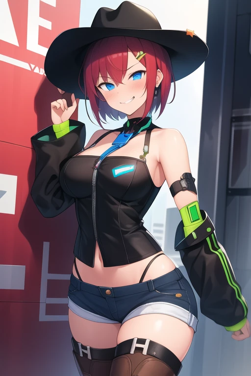 Draw a manga-style character with a physical appearance with this shape of Orange hair with black highlights, tied in two ponytails shaped like jaws, similar a Mawile de Pokémon, ojos rosados, brillante, and expressive and with a slim and athletic build., Atuendo Upper Body Chaqueta de cuero blanca con detalles cyberpunk, such as integrated LED lights or futuristic lines, Bikini deportivo Lower Body en naranja, blanco, y colores negros, blending with cyberpunk style while allowing freedom of movement for physical activities, Personality Creative and curious Always looking for new experiences and forms of expression., Su mente creativa la impulsa a explorar constantemente nuevas ideas y conceptos, longitud largo del cabello
