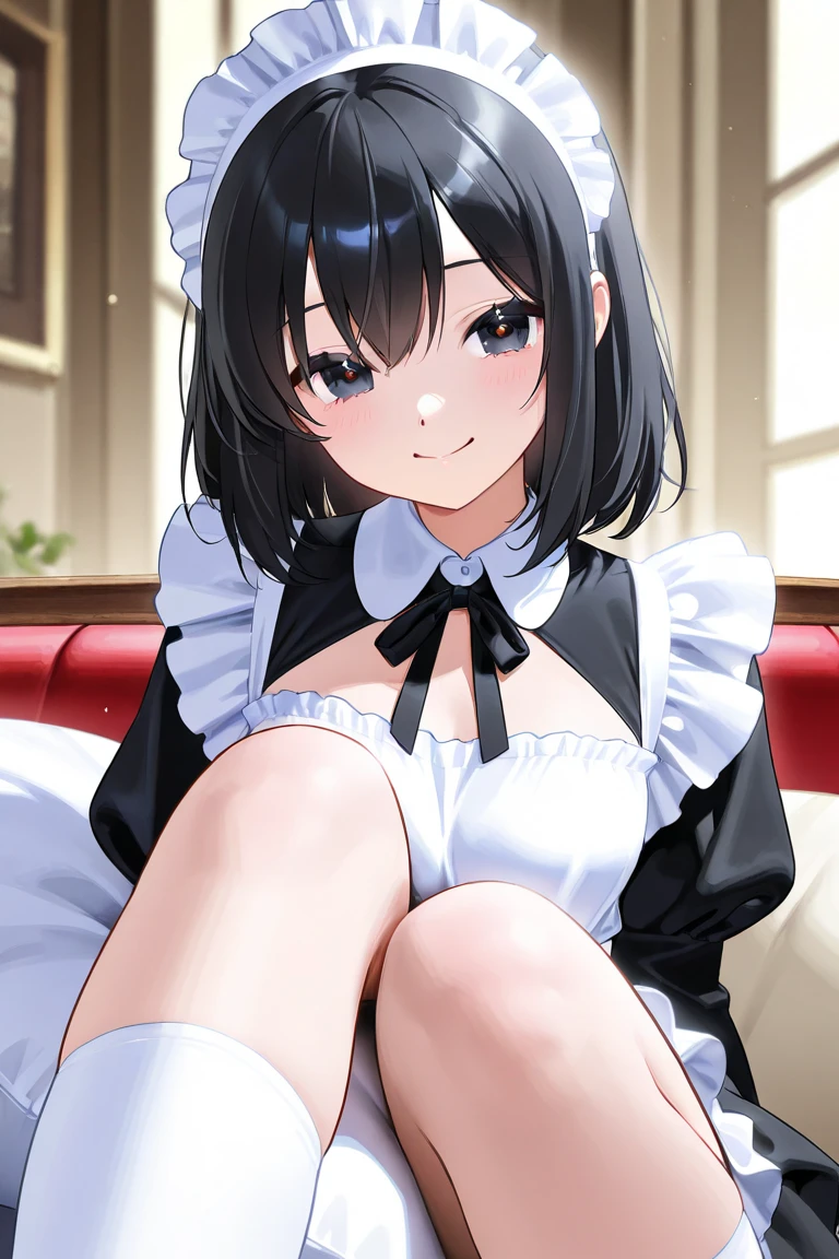 (((Pixel Perfect, Perfect in every detail,nsfw,,clothes lift,large breasts,light smile,dpubic hair,1 girl,black thigh-high socks))), alone, One girl, ((Ruka Sarashina)), Blue Ribbon, big , (French maid), View your viewers, In the room, sitting
