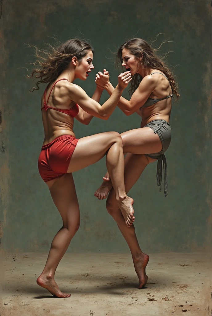 A highly realistic, full-body photograph capturing two women in motion, both kicking directly towards the camera. The first is a tall, elderly woman, around 6 feet tall, performing a powerful high karate kick. Her face radiates joy as she confidently executes the move. Her body is impressively muscular and athletic, with every muscle well-defined and powerfully sculpted. She is wearing a tiny, tight string bikini and thong that are clearly too small for her strong physique, accentuating her very large and sagging breasts. Her hair is styled in a neat bun, framing her beautiful face with large, expressive eyes that shine with vitality. The excellent lighting in the scene highlights the intricate details of her musculature and the dynamic motion of her kick, making every muscle and the contours of her bust stand out with stunning clarity. Her bare foot, lifted off the ground during the kick, is clearly visible and aimed directly at the viewer, adding a sense of dynamic action and realism.
Beside her is a younger woman in her 30s, who is shorter and chubbier, around 5 feet tall, with a strong but softer body. She mirrors the elderly woman's kick, her foot also aiming directly at the camera. Her expression is one of sexy, erotic allure, with her round face framed by loose strands of hair, her lips slightly parted in a seductive manner, and her eyes half-closed with a sultry gaze. She wears a similarly tight and small string bikini that accentuates her fuller figure, with her round belly slightly spilling over the waistband. The lighting highlights her figure, showing the softness of her body in contrast to the elderly woman's sculpted physique. Both women’s synchronized kicks towards the camera create a powerful and engaging visual impact.