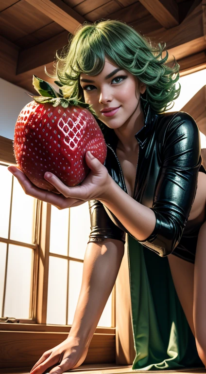 Masterpiece, Best Quality, Super Detailed, High Definition, Expensive Resolution, HDR, Super Detailed CG, Beautiful Details, Depth, Fine Texture, Super Fine, Complete concentration, (Tatsumaki), sexy, pale skin, green eyes, green hair, smirk, (holding a giant strawberry), vibrant colors, detailed eyes, highly detailed, fine detail, intricate details, volumetric lighting,