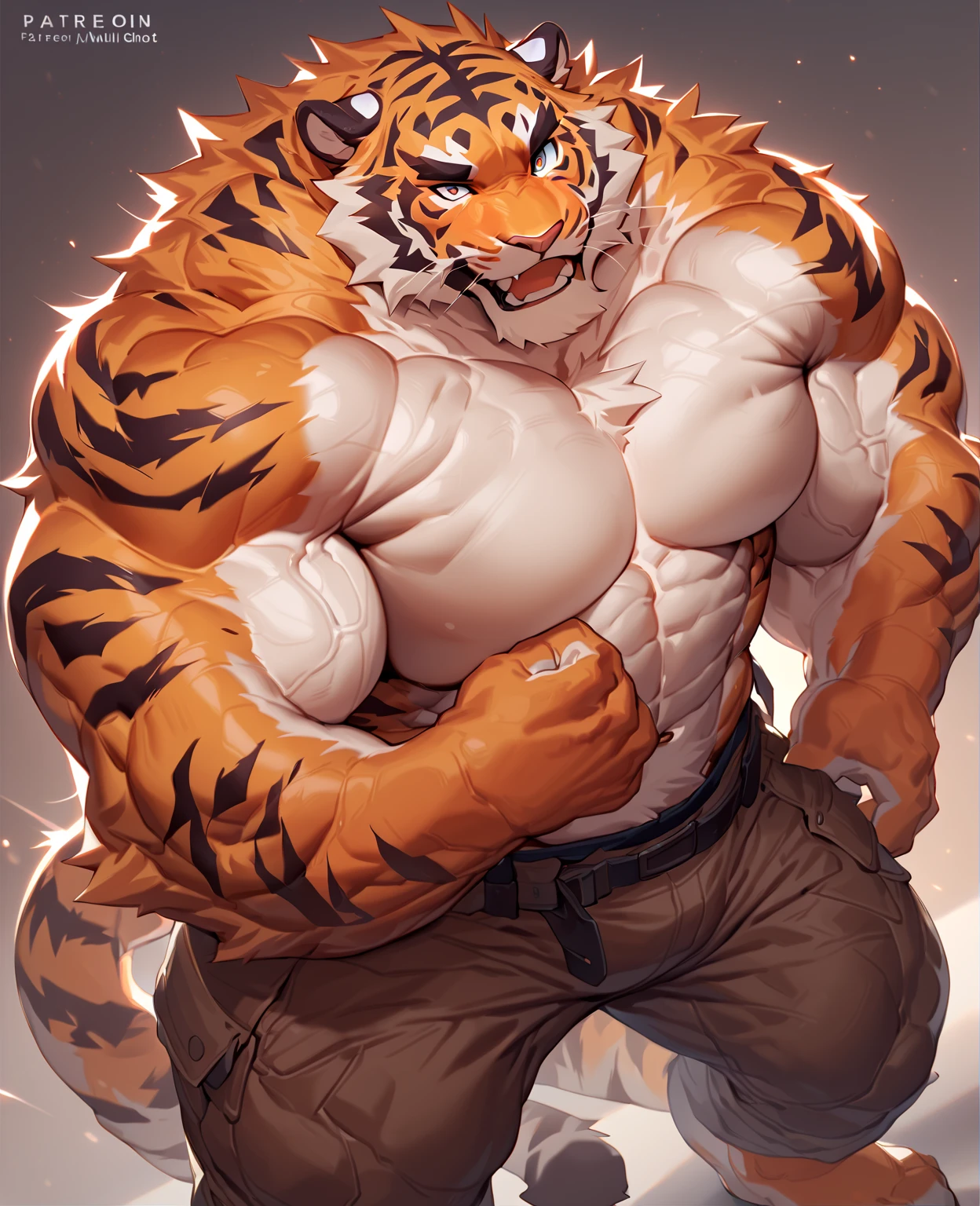 pec_pov_meme, anthro, male, solo, hi res, muscular anthro, muscular, nipples, mammal, clothing, muscular male, pecs, fur, low-angle view, shirt, topwear, tank top, clothed, looking at viewer, felid, looking down, sweat, sky, 