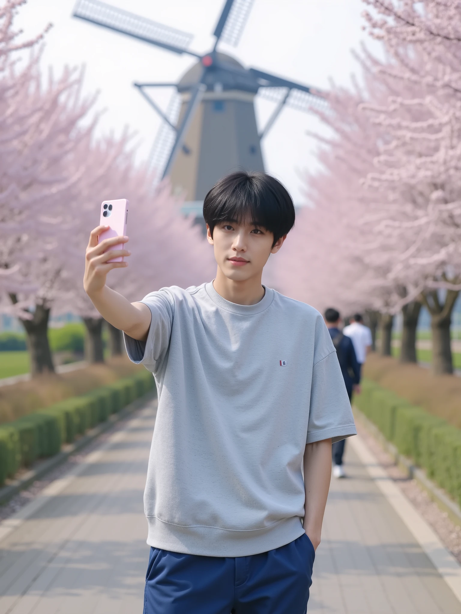 1boy, masterpiece, Realistic, best quality, Ultra high resolution, absurd, A Japanese male college student holding a cellphone selfie, Background is a country walk with cherry blossoms dancing, young, Very Handsome, perfect face, Black Short Hair, Hairstyle , Shiny Hair , Bangs, Perfect Body Proportion, Short Sleeve Sweatshirt, blue shorts , Smile, full body, Background with a beautiful windmill, Front View, Soft Light, The composition is clear, Beautiful and clear background, 8K resolution,