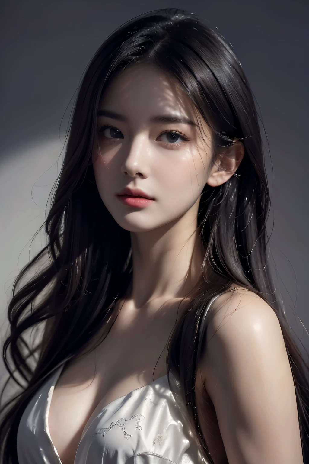 A perfect young female white-collar worker，Chinese，High picture quality，Works of masters，Black hair，Long hair flowing over the shoulders，Blured background，outside, deep shadow, Real Human，CG rendering，16k，Stand up，Empty interior，Do not show your hands，Close-up shot