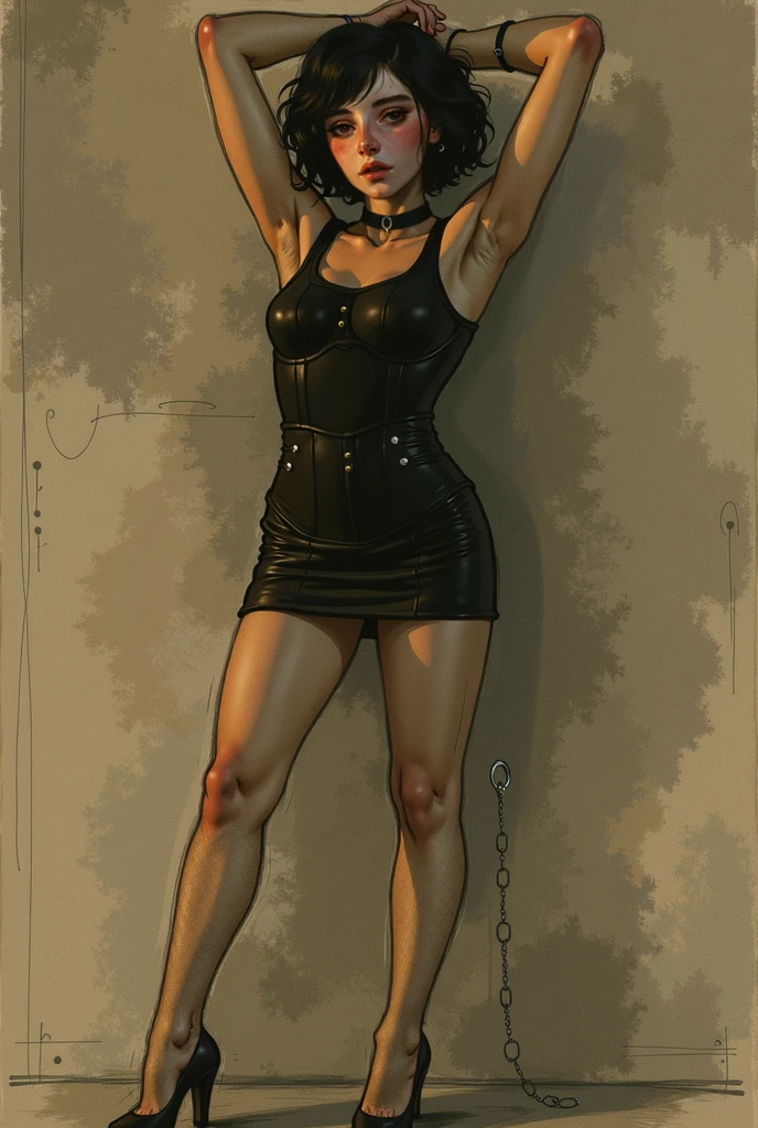 Helen Parr, Jumpy, bothered, blush, portraite, short brunette hair, red bikini, bare feet, feet descalços, feet, Kneeling, A beautiful girl, front viewer, looking ahead at viewer, soft smiling, Kneeling, ((close up)), (fine tune, skinny), Flat Breast, arms behind the back, Knees together, legs together, ((virado para a frente, direct, front camera, looking at the camera, portraite)), ((manacles, chain leash, collared, spectator holding the leash)), detailedeyes,