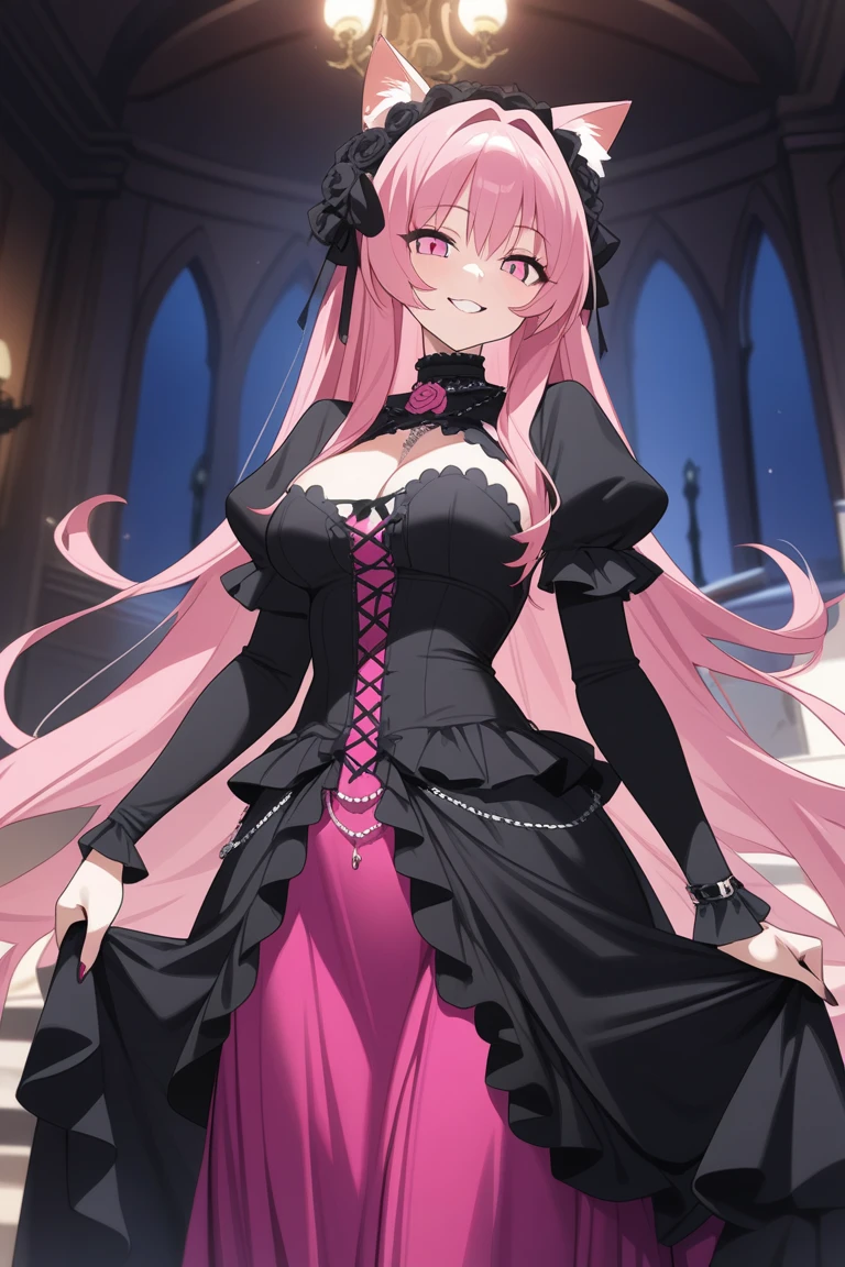 A pink haired female vampire with violet eyes with an hourglass figure in a Gothic ballgown is leaning against a dead tree with a smile