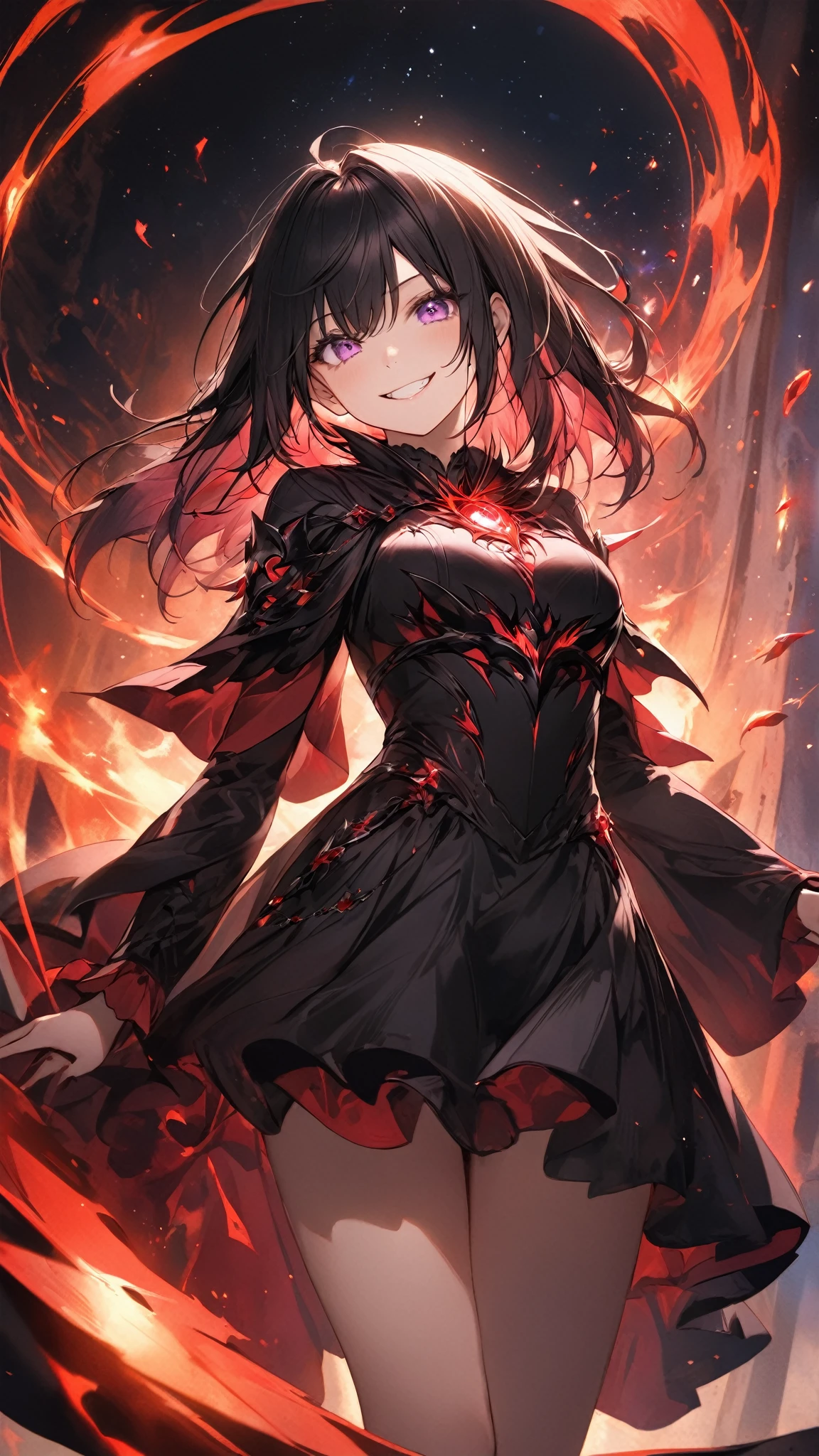 gorgeous female elf warlock in action pose, fire black spells, cute face, long elf ears, lava molten desolated rocky background, red fire dress, modest clothing