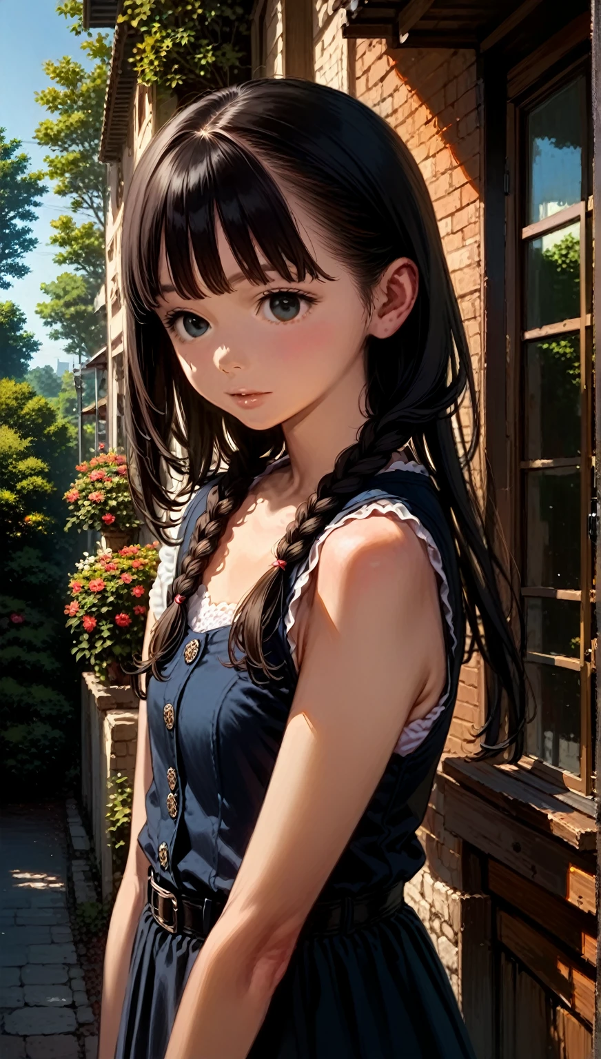 (Highest quality,masterpiece:1.3,Ultra-high resolution),(Very detailedな、Caustics) (Realistic:1.4, RAW shooting、)Ultra-Realistic Capture、Very detailed、Natural skin texture、masterpiece、(Summer Dresses:1.3)、1 Japanese girl、Adorable expression、Expressions of happiness、14 years old、Young Face、Surprisingly cute、Twin tails、Curly Hair、Black Hair、Scrunchie、light makeup、The Great Depression is about to burst、Middle school students'Favorite pose、Shining thighs、Summer sunshine、smile、An inviting gaze、