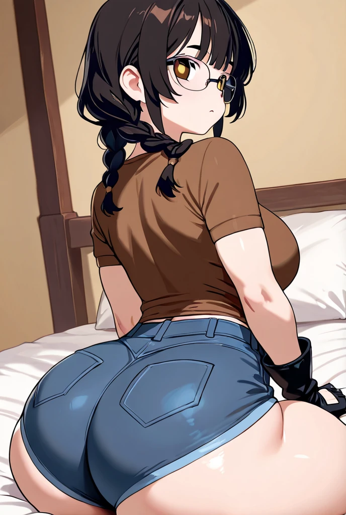 High quality、A still from a big-budget anime、AnalCowgirlFrontQuiron style、Woman straddling a sleeping man、highest quality、peniale organ、Detailed human illustration、Detailed anal sex、女性のアナルとMale organが繋がっている、Anal insertion、Man and woman having anal sex on the bed、Big Breasts、revue、ponytail、Tank top、Fingerless gloves、Denim shorts、belt、holster、muscle、Pushing the pants aside、back、Pile driving piston