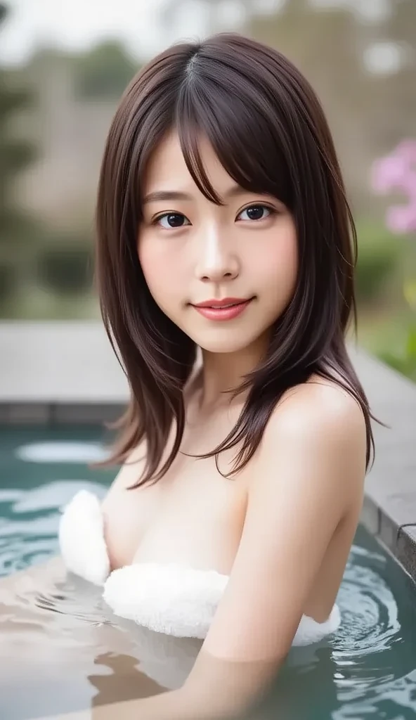 NSFW, (1girl in), (Solo:1.5), Official art, Raw photo, Photorealistic, unbelievable Ridiculous,masutepiece, Best Quality, 8K, hight resolution, extremely detailed girl, extremely detailed beautiful face, Beautiful skin, Ideal ratio body proportions, (Girl in ecstasy after drinking:1.2),(Upper body), (Lying), (on back), Looking at Viewer, Smile, Shiny skin, , Japanese, medium breasts, Navel, cleavage, Nipple, (), Black hair, Medium Hair, chromatic abberation, Sharp Focus, face lights, Outdoors, In the water, Pool