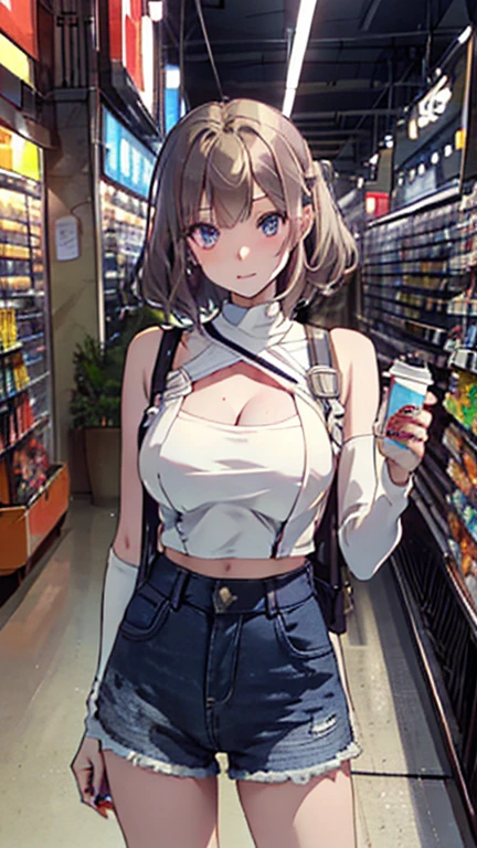 (masterpiece, Best Quality, ultra-detailed, high resolution, extremely detailed CG, official art, Professional Lighting, Perfect Anatomy, anime colors), (from below), looking at viewer, cowboy shot, perfect body, 24yo beautiful 1girl, medium hips, glamorous body,a small face,beautiful-makeup,Makeup light,Shortcut Hair,dark brown hair、Bust b Cup, Amazing Cleavage, thin waist, big ass, Raised sexy, big breast: 1.2 posed cleavage:1.2, (off shoulders,Sportsbra,legginullnude), micro denim shorts, bare legs, nail_polish, pale skin, Waiting friend, (morning:1.5), tokyo, (convenience store:1.3), outdoor, (depth of field:1.3), contrapposto, (Hold a coffee in your hand:1.3),delicate beautiful face, Bright magenta eyes, cute eyes, sparkling eyes, Big eyes, (big breasts:1.3), (perky chest:1.1), (pointed chest:1.3), looking at viewer,
