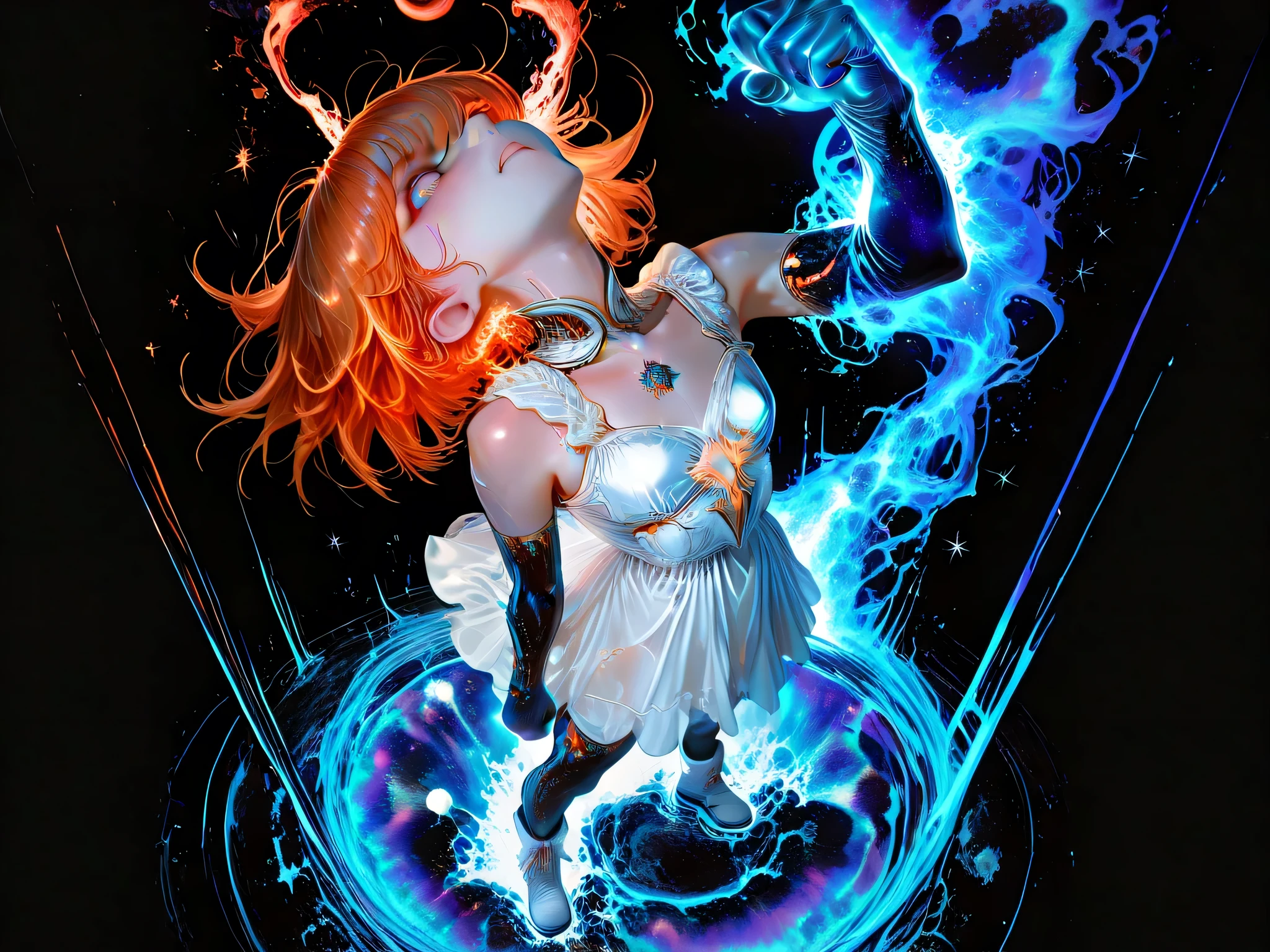 orange hair, Very beautiful, A girl, Arrogant Glitter, face up,is exploding, super saiyan power, blue light erupts from above,, , left hand, clenched fist,blue aurora erupts Leave the eyes fixed on top., The power of the gods, Terrible Gesture, หน้าIt's shiny., pretty as fairies, girl, Medium Cut hairstyles, flat chest , Very beautiful, orange hair, orange hairๆ, orange hair, ย้อมorange hair, My hair is very short., short hair, ears , ผิวVery white, Very white, beautiful, wearing a white dress , images, very detailed, high quality walkers, แสงเงาimages, It's shiny., Japanese style, , japanese, white,flux realistic, full body image, ภาพimages, ตัวละคนผิวimages, thin, images, black background, ground erupts, blue aurora, gravity-free ground, ground below rises,, masterpiece,movies,8K resolution, Clear Detail, Front View.