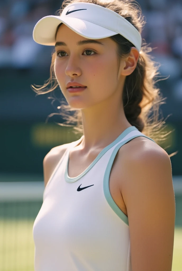 ((best qualityer)), ((work of art)), (detailded), 1 tennis player, brunette with green eyes with a white stripe on her forehead, with a racket,making a withdrawal,