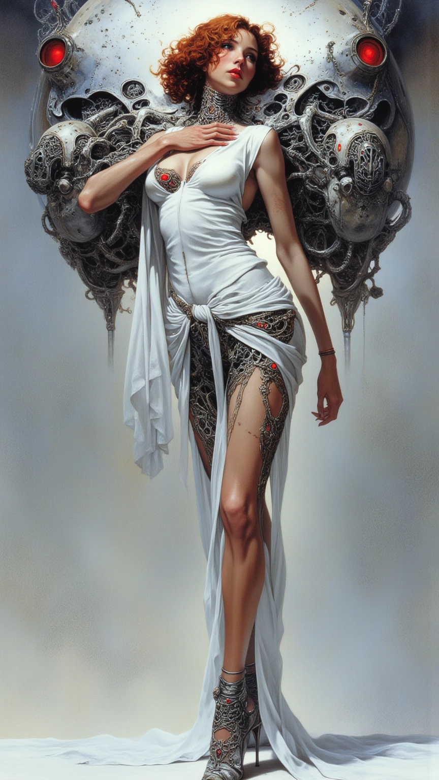 (masterpiece, high quality, highres, highest image quality), (elf), (zentangle: 1.2), 1girl, classic, noble, princess, negative space, Tyndall effect, light background, [(white background: 1.3): :5], bare shoulders, bare feet, bare back, shiny skin, long shiny hair, fair skin, red hair, red eyes