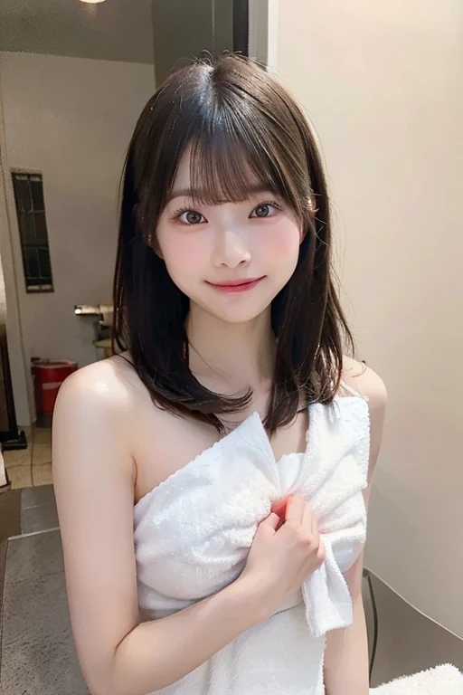 A woman in a pink towel is posing for the photo, けもの, Realistic Young Gravure Idol, Wearing a towel, 奈良美智, Young Sensual Gravure Idol, Young Pretty Gravure Idol, Young Gravure Idol, taken with canon eos 5 d mark iv, shikamimi, friendly seductive smile