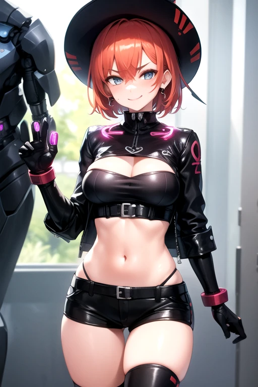 1girl, solo, masterpiece, best quality, black leotard, (long sleeves, pirate costume, pirate hat, pirate boots), body infused with electricity, lighting, particles, redhead, green eyes, blue aura, energy field, full body shot, depth of field, looking at viewer, spread arms, bare legs, medium breasts, bob hair, short hair, perfect anatomy, perfect hands, tall body, tight belt