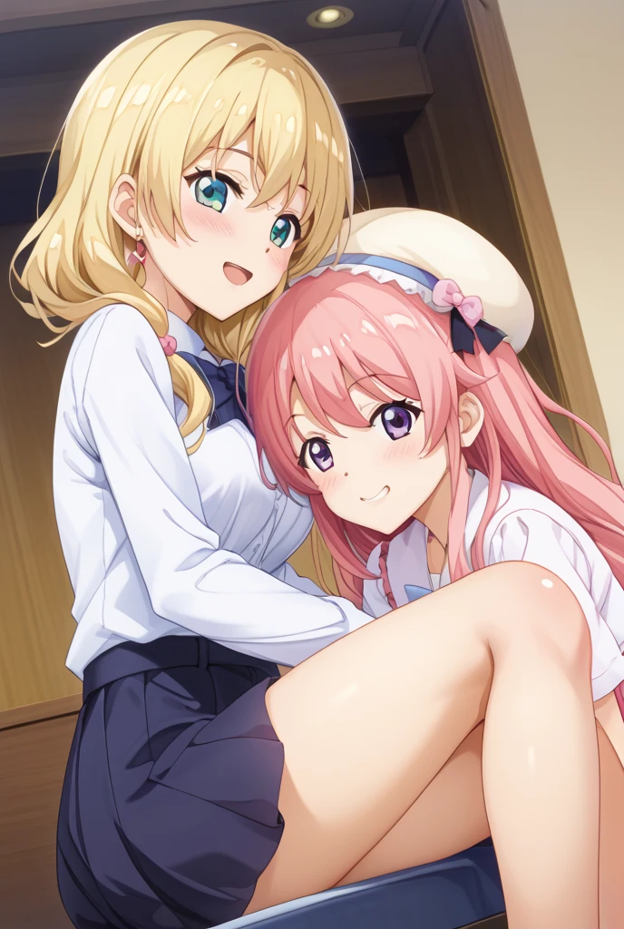 highest quality,masterpiece,((2 girls:1.5)),((smile:1.3)),(blush:1.3),((fun!!)),((Small breasts:1.5)),(night:1.5),Blonde, (Cardigan),pink, ((naked:1.5)),Kamimei,look at me,((classroom)), Taking a break from watching the audience,Cowboy Shot,Light blue eyes,long hair,Glowing Eyes