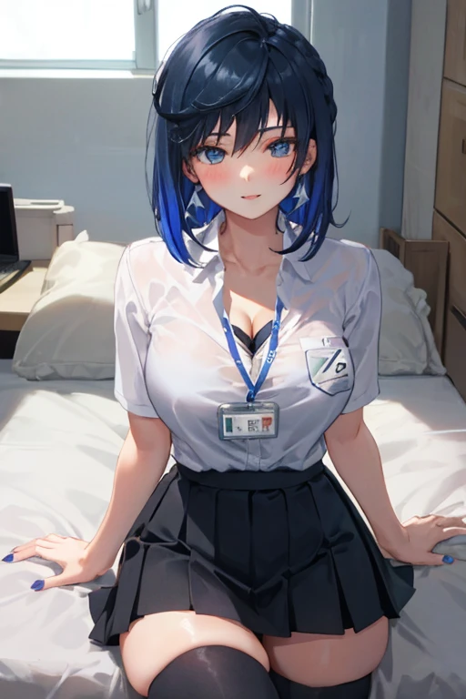 YELAN, 1girl, solo, ((white shirt)), black thighhighs, breasts, cleavage, uniform, office background, black skirt, pleated skirt, office, hair between eyes, large breasts, short hair, looking at viewer, BLUE HAIR, blue short nails, blue eyes, solo, thighhighs, thighs, very long hair, ((masterpiece)), sitting, chair, desk, computer on desk, name tag, id tag, indoor, blush, sexy pose,