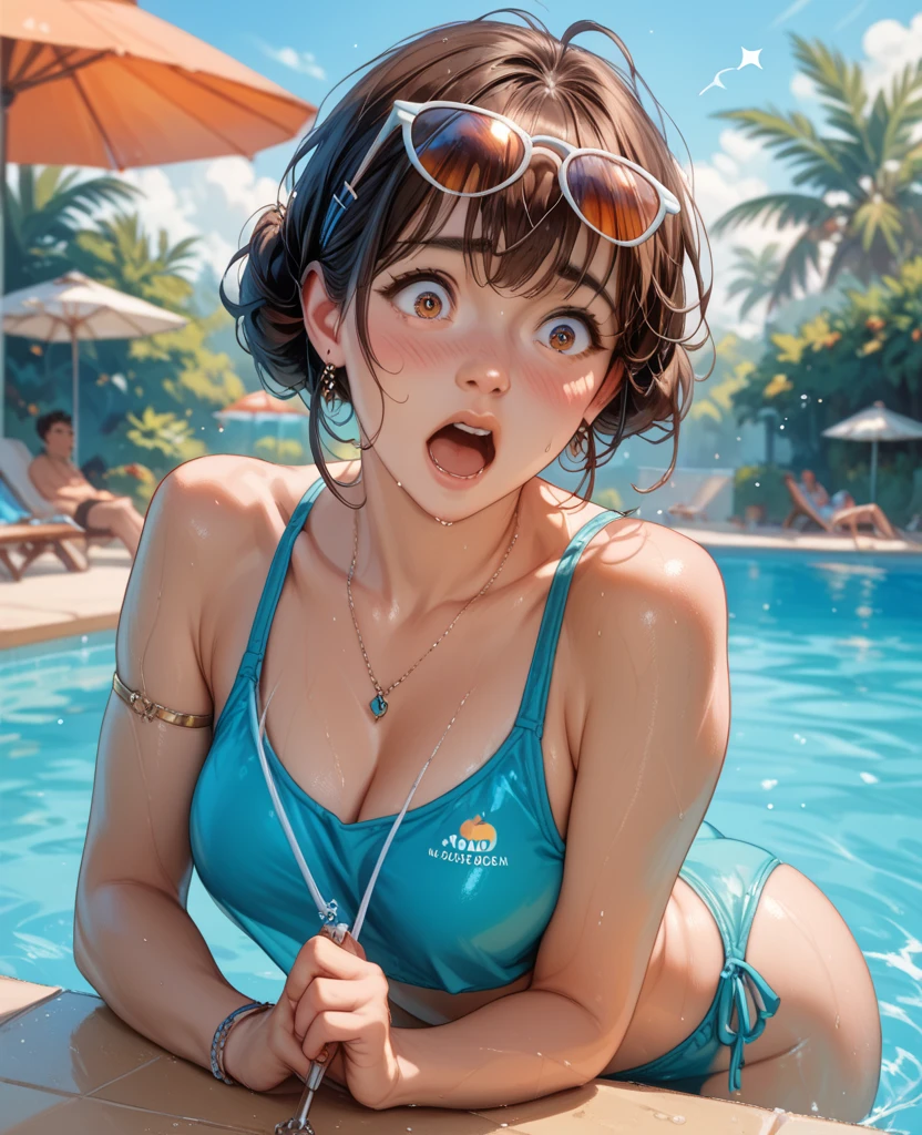 hiten kei style, claude monet, oil painting, masterpiece, hyper realistic, realistic skin, best quality, 1girl, city pop, poolside, looking at another, topless, full body, vector illustration, nipples, light smile, blunt bangs, long hair, stomach, navel, bare shoulders, blonde, ponytail, wet, soaked, people on background, manila, raining, denim shorts, , , tropical, sneakers, laughing, hands up, jumping, tongue out, long tongue, leaning forward, collarbones